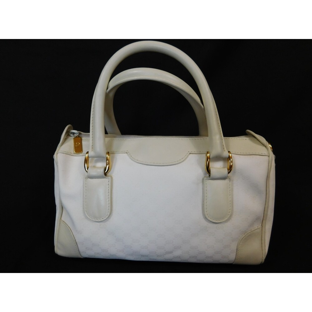 Vintage Gucci Off-White GG Canvas Leather Trim Boston Satchel